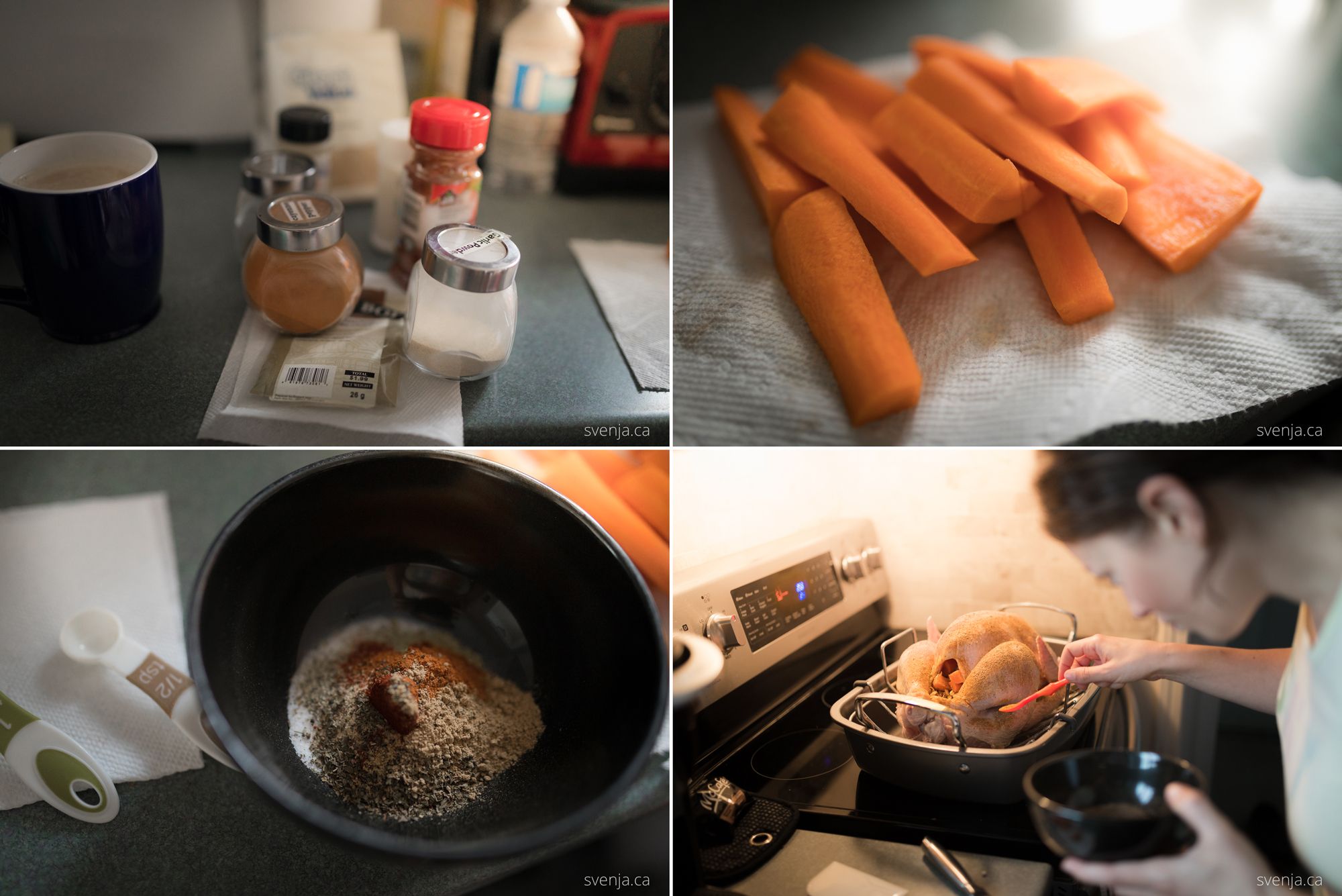 collage of four images showing spices, carrots, a bowl with mixed spices and a woman seasoning a turkey