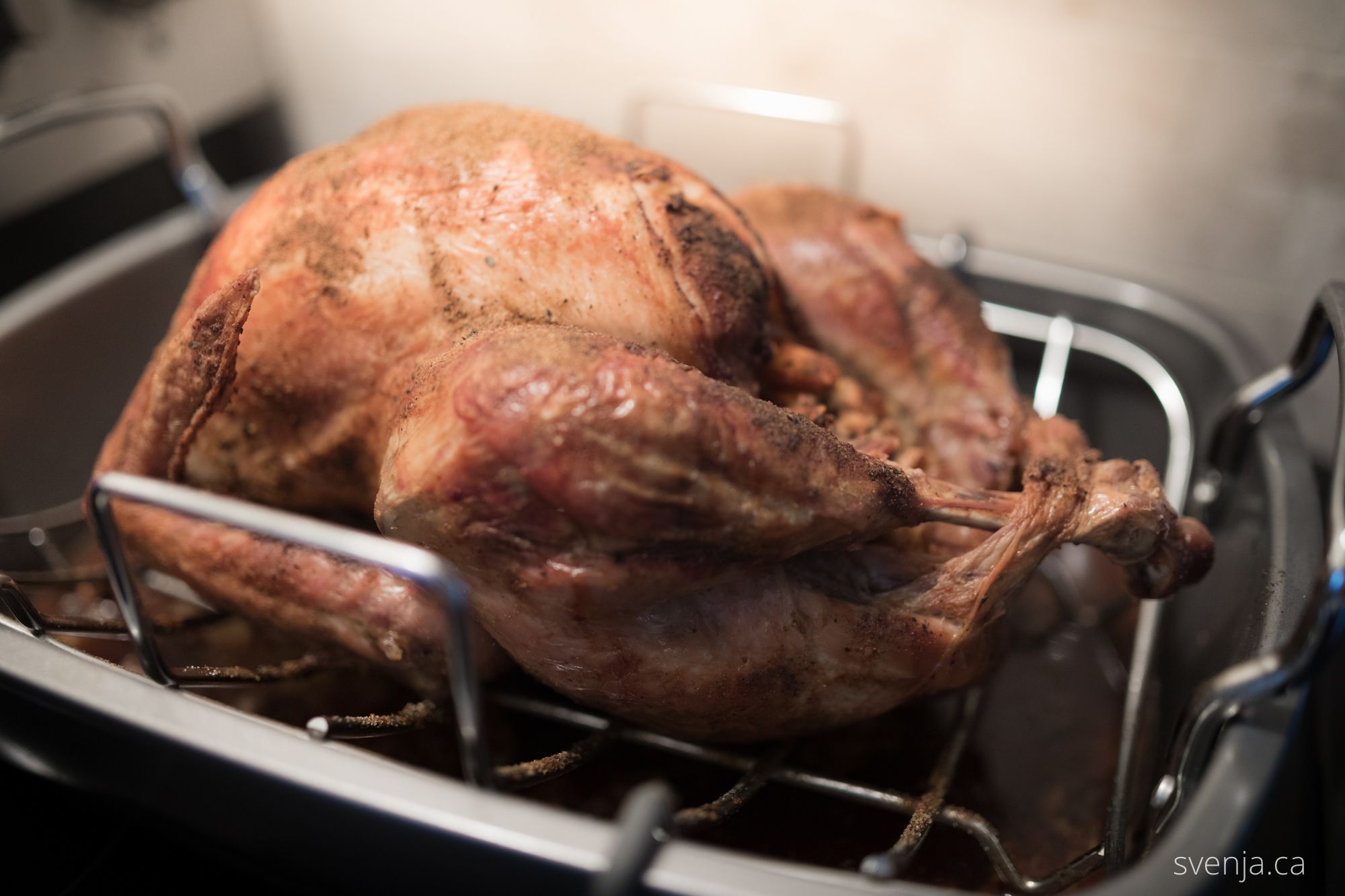 baked turkey on a turkey rack