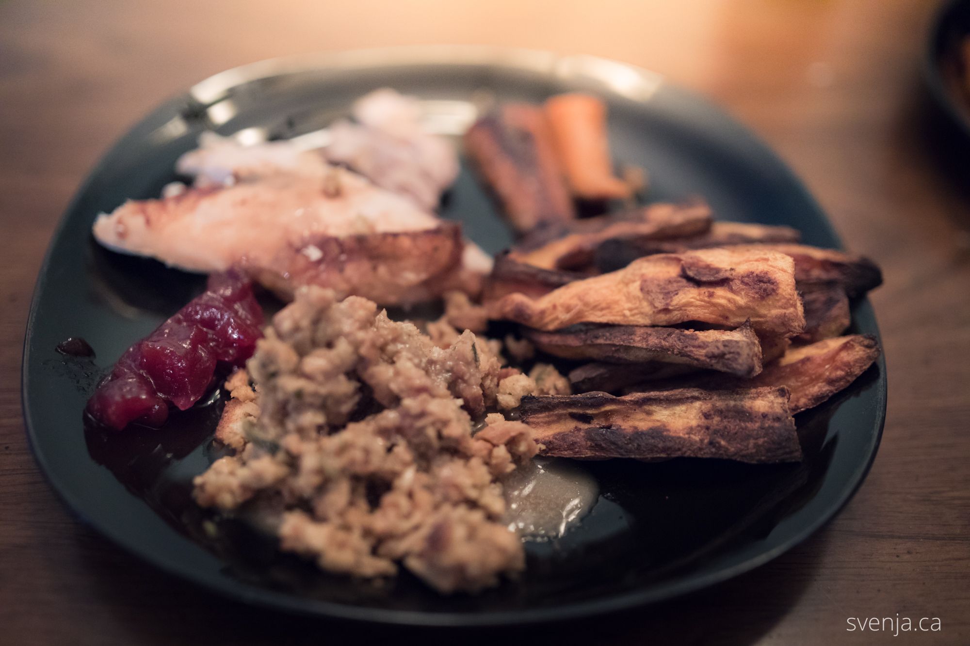 thanksgiving plate filled with turkey, carrots, sweet potatoes, stuffing, and cranberry sauce